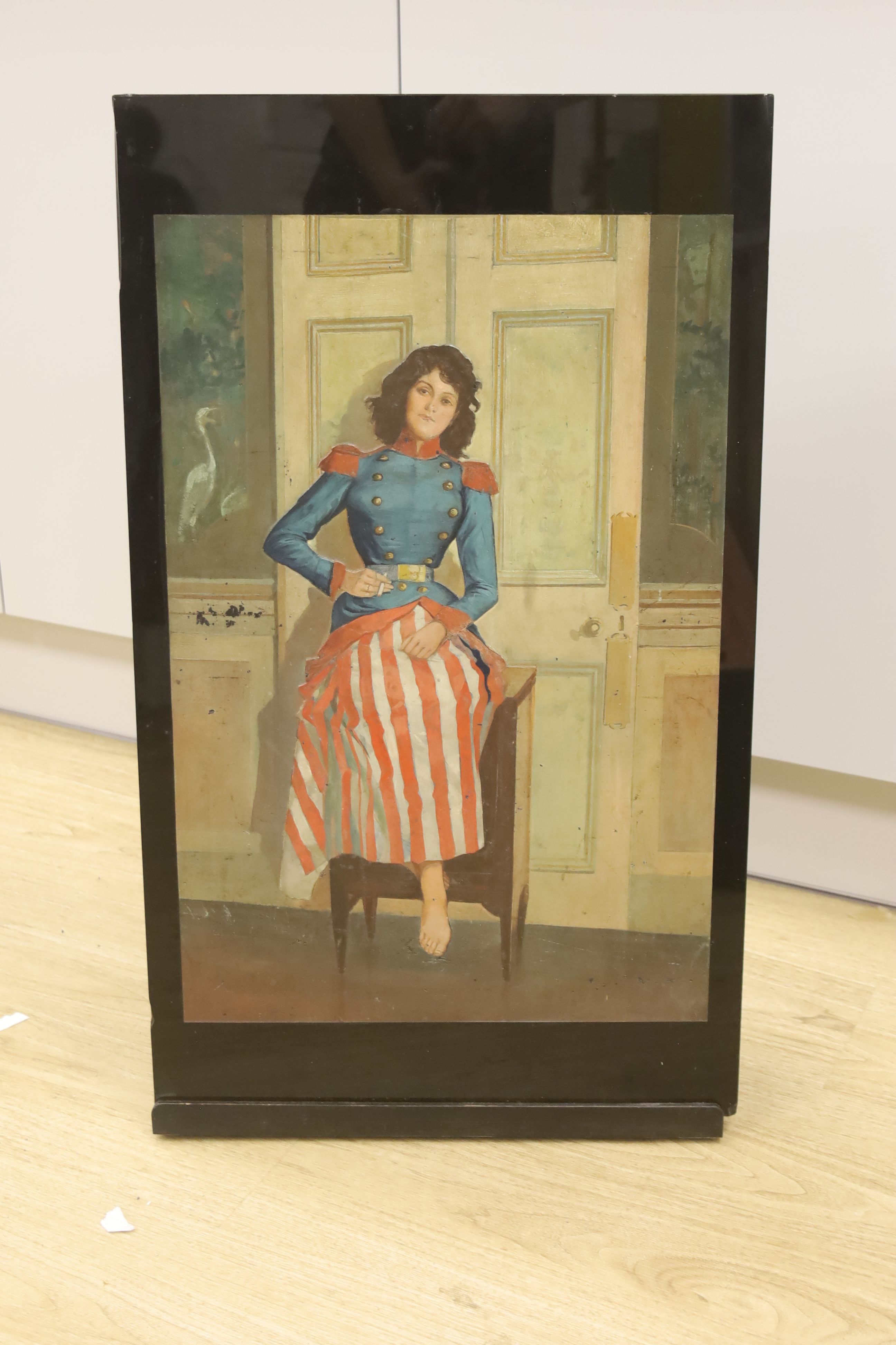 A black glass panel painted with a girl, overall height 78cm width 45cm